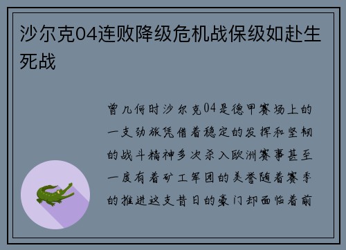 沙尔克04连败降级危机战保级如赴生死战